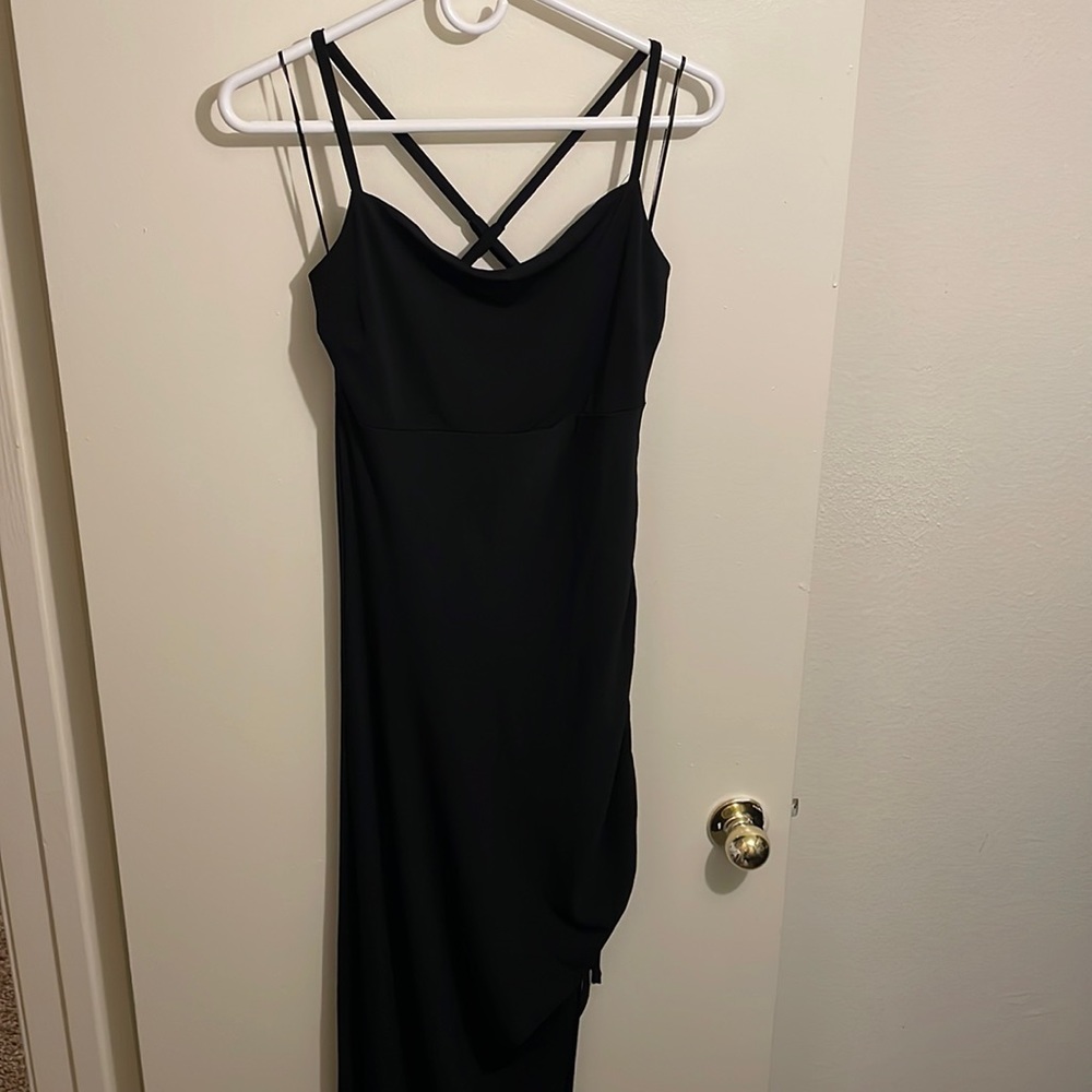 Long Black Dress, One Side Scrunched, Criss Cross Back, Size M, BRAND NEW